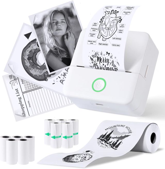 PRAOAHEI Mini Drucker, Tragbarer Thermodrucker mit 10 Rollen Druckerpapier