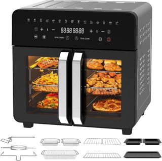 Heißluftfritteuse Dual Zone 23L - XXL Airfryer mit herausnehmbarem Trenner, Heissluftfritteuse mit French Door, 15 Programme, Großes Fenster, 5 Sets Zubehör, Rezepte