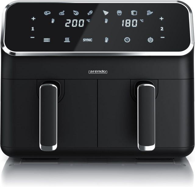 Arendo - Heißluftfritteuse Dual Zone mit 2 Kammern - XXL Kapazität 2 Fächer Doppelkammer – 2700 Watt - Airfryer Backofen Edelstahl - Touchscreen - 3D Umluftsystem - 8 Liter
