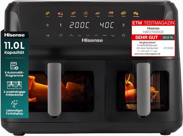 Hisense HAF2100DCD Heißluftfritteuse /2100 W /7,7 L Kapazität /10 voreingestellte Programme/Antihaft-Beschichtung/Energieeffizient/Start Delay Funktion/HxBxT: 40,1 x 31 x 35 cm/Schwarz