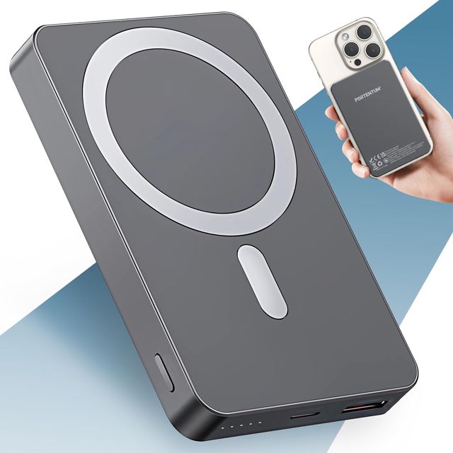 PORTENTUM MagSafe kompatibel Powerbank Schnellladefunktion 5-in-1 klappbarem Ständer – 10000 mAh + Kabel Lightning + USB-C – Power Bank 20W PD/QC kabellos Qi 15W – Ladegerät Apple Watch kompatibel
