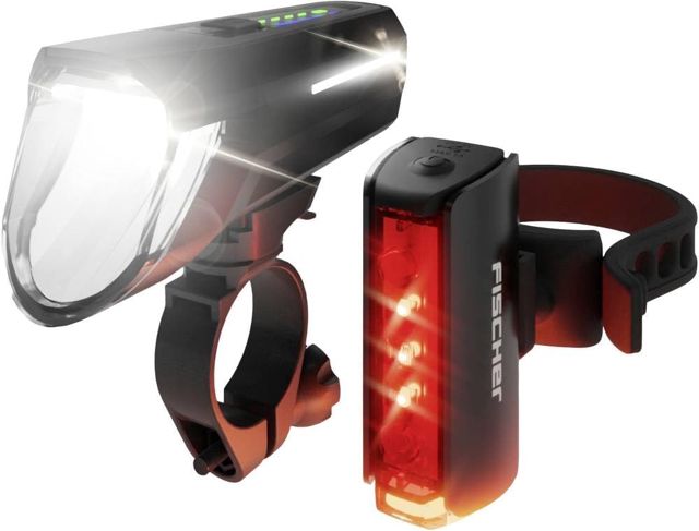 Fischer Fahrrad LED-Akku Beleuchtungs-Set Twin Stop 100 Lux, mit Sensormodus, Lange Leuchtdauer, stabiles Aluminium-Gehäuse, schwarz, 1 Stück