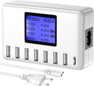USB Ladegerät, 60W 8 Ports USB Ladestation 12A USB C mit LCD Display für mehrere Geräte, USB C Hub für iPhone iPad Android Samsung Huawei Tablet Kindle