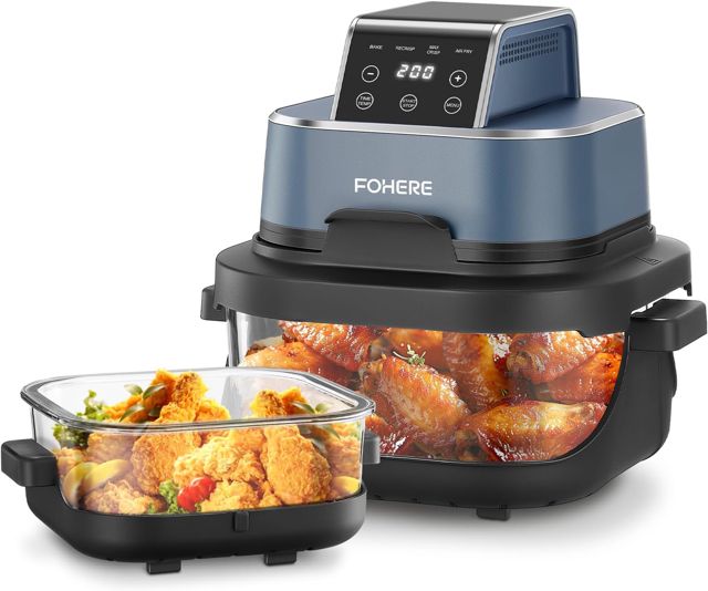 Tragbare Heißluftfritteuse 4L & 1,5L, 2 Glasbehälter & Deckel 1500W, Blau