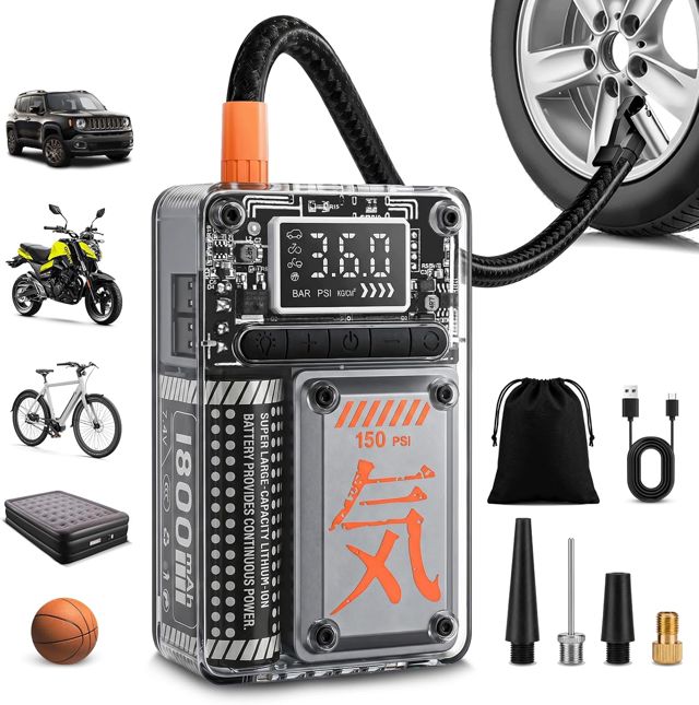 Elektrische Luftpumpe 150PSI, Mini Akku Luftpumpe, Tragbarer Tire Inflator mit LCD Display & Auto Abschaltung, Fahrradpumpe für Auto, Motorrad, Fahrrad, Ball
