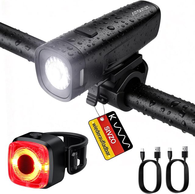 AUTOUTLET Fahrradlicht Set StVZO Zugelassen, 20/40 LUX LED Fahrradbeleuchtung USB-C Aufladbar bis zu 16h Akkulaufzeit Fahrradlampe, IPX5 Wasserdicht Vorne Frontlicht & Rücklicht Set Fahrradleuchtenset