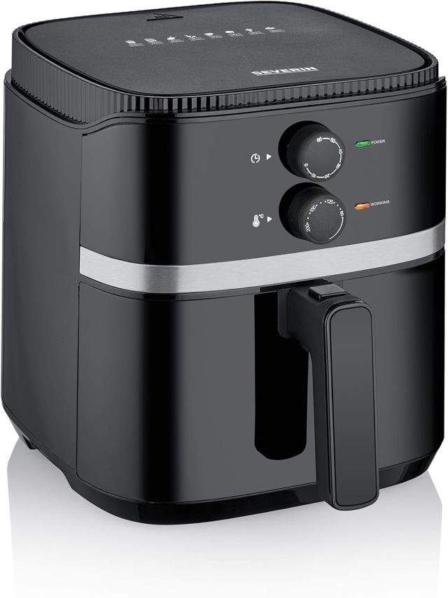 SEVERIN Heißluftfritteuse mit 5 Liter Garraum, Heißluft Fryer für gesundes Kochen, Fritteuse ohne Fett mit antihaftbeschichtetem Frittierkorb, 1500 W, schwarz/silber, FR 2452