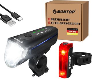 MONTOP Intelligente Fahrradlicht Set | StVZO Zugelassen Fahrradbeleuchtung mit Automatik-Modus | USB C Aufladbar Fahrradlichter Vorne und Hinten mit Bremslicht und Standlicht | 2026 Neuestes Modell