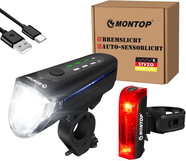 MONTOP Intelligente Fahrradlicht Set | StVZO Zugelassen Fahrradbeleuchtung mit Automatik-Modus | USB C Aufladbar Fahrradlichter Vorne und Hinten mit Bremslicht und Standlicht | 2026 Neuestes Modell
