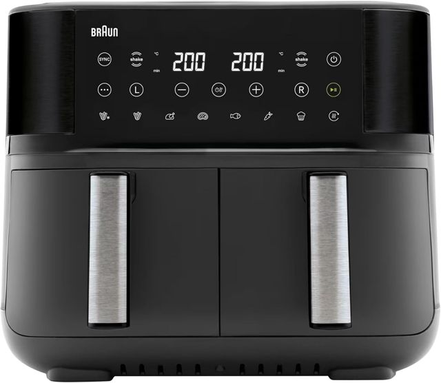 Braun Heißluftfritteuse TwinCook 3 TD3030IBK, Heißluftfritteuse 2 Kammern, 8L (4L + 4L), 80-200°, Airfryer mit Sync-Funktion, 8 Programme, einfache Reinigung, 2850W, Schwarz