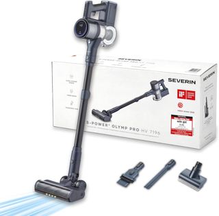 Severin Akku-Handstaubsauger, leistungsstarke 19.000 Pa/200 W, kabellos, Laufzeit bis 35 Minuten, Handstick für Hartböden Teppich Möbel, LED-Beleuchtung, höhenverstellbar, blau, S-Power Olymp, HV 7175