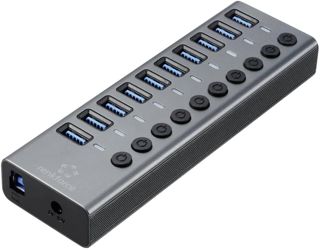 Renkforce RF-6027504 USB-Hub 10 Port USB-A USB 3.1 Gen2 10 GBit/s einzeln schaltbar, mit Aluminiumgehäuse Silber-Schwar