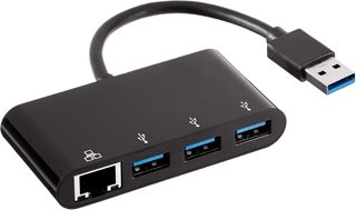 Amazon Basics USB-3.0-Adapter mit 3 x Ports und 1 x RJ45-Gigabit-Ethernet-Port, 3 USB A + 1 RJ45, Schwarz