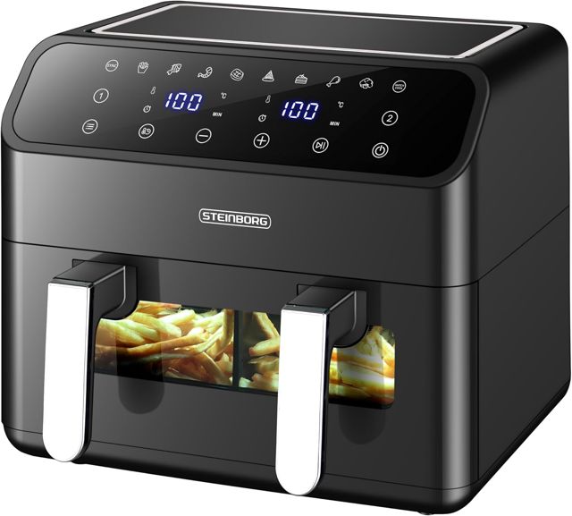 Heißluftfritteuse 2 Kammern 8 Liter Heissluftfritteuse Fritteuse Grillen Backen Dörren Dörrautomat Frittieren XXL Air Fryer Friteuse ohne Öl Heißluftofen Heißluftgrill 4 in 1 Mini Backofen