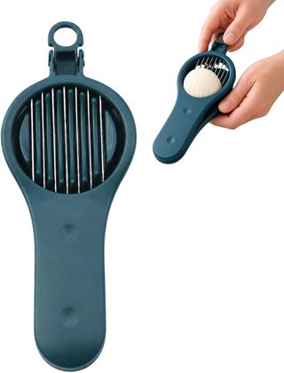 4-in-1 Multifunktionaler Eierschneider aus Edelstahl, Dunkelblau 20×7×2 cm, Manueller Lebensmittelschneider für Eier, Erdbeeren, Kirschen, Oliven und Datteln