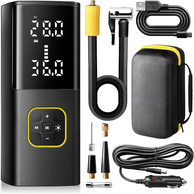 Zune Lotoo Elektrische Luftpumpe Fahrrad 150PSI/10,3 Bar, 9000mAh Akku Luftpumpe Elektrisch mit LED-Anzeige, Tragbare Akku Auto Kompressor mit 12V DC-Kabel & LED-Licht für Auto Motorrad Fahrrad Bälle