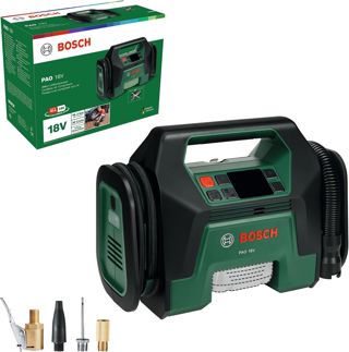 Bosch Akku-Kompressor PAO 18V (Zum Aufpumpen von Reifen bis hin zu großen Schlauchbooten; inkl. Reifenventil, Luftpumpenclip, französischem Ventil, Ballnadel, Volumenadapter)