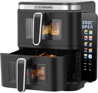 Steinborg® Heissluftfritteuse Doppelkammer 11 Liter Heißluft-Frittieren Heißluftfritteuse 2 vertikale Schubladen 5,5L+5,5L Grillen Backen Dörren Frittieren Friteuse ohne Öl Heißluftofen Heißluftgrill
