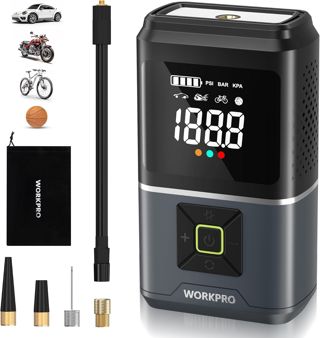 WORKPRO Elektrische Luftpumpe 150 PSI (10,3 bar), Akku Luftkompressor 7,2V 2500mAh, Kabellose Tragbare Reifenpumpe mit Digitalanzeige und Notbeleuchtung für Auto, Fahrrad, Motorrad, Bälle