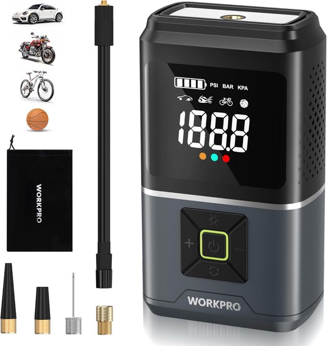 WORKPRO Elektrische Luftpumpe 150 PSI (10,3 bar), Akku Luftkompressor 7,2V 2500mAh, Kabellose Tragbare Reifenpumpe mit Digitalanzeige und Notbeleuchtung für Auto, Fahrrad, Motorrad, Bälle
