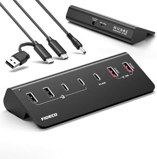 FIDECO 7-Ports 72W USB Hub mit Netzteil, USB Hub Aktiv mit 1 PD 45W, 2 QC 3.0 Charging Port und 4 USB 3.2 10Gbps Ports (2 USB A+2 USB C), Aluminium für Laptop, PC, MacBook, iPhone 17/16/15