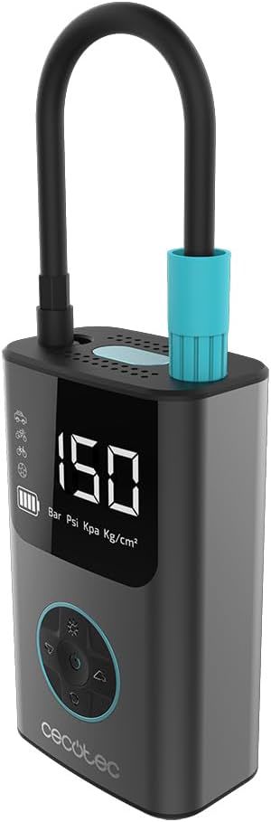 Cecotec Tragbarer Elektrischer Luftkompressor Air Max, Reifenpumpe 150 PSI, Doppelbatterie 7.4V und 2000mAh, LED-Licht, LCD-Bildschirm, Geeignet für Auto, Motorrad, Fahrrad, Roller und Bälle