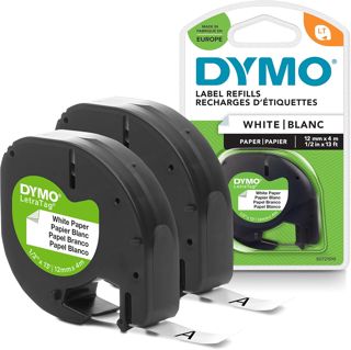 DYMO Original LetraTag Papier Etikettenband | schwarz auf weiß | 12 mm x 4 m | selbstklebendes Schriftband | für LetraTag-Beschriftungsgerät | 2 Etikettenkassetten
