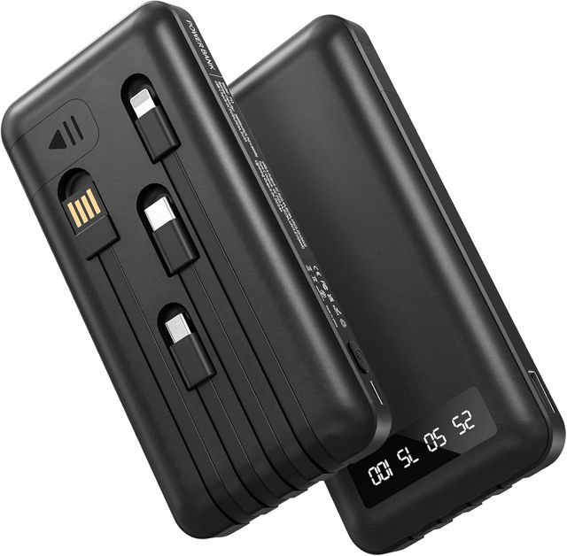 Powerbank 26800mAh mit 4 integrierten Kabel, 22.5W Power Bank USB C Schnellladefunktion mit LED Display & Halterung, Externe Handyakkus für iPhone 17/16/15/14/13/12/11 iPad Samsung Galaxy