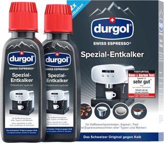 durgol swiss espresso Spezial-Entkalker – Kalkentferner für Kaffeemaschinen aller Typen und Arten – Einfache Reinigung ohne Einwirkzeit & Rückstände – Deutsche Version – 2x125ml