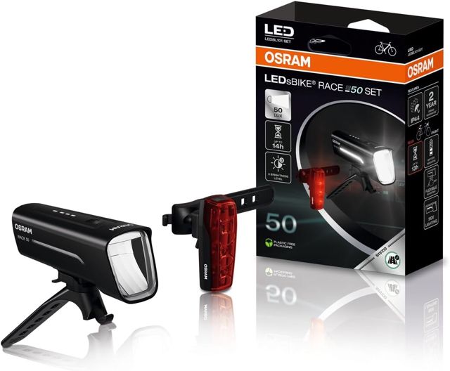 OSRAM LEDsBIKE Race 100 Set, wiederaufladbares Fahrradlichtset, StVZO-zugelassenes Front- und Rück-LED-Lichtset mit Bremslicht, Mehrere Beleuchtungsmodi, DREI Helligkeitsstufen, 100 Lux