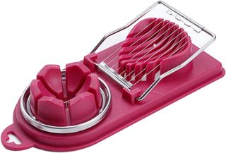 Eierschneider, Obstschneider, gekochte Eier – Erdbeer-Edelstahl-Schneiddrähte, Kücheneierschneider, 2-in-1 (rot)
