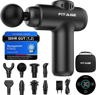 FITAGE Massagepistole, Leises Massagegerät mit 30 einstellbaren Geschwindigkeitsstufen, Massage Gun, 8 Aufsätze für Tiefengewebe, Schulter, Rücken und Ganzkörperentspannung, Massage-Pistole – Mini