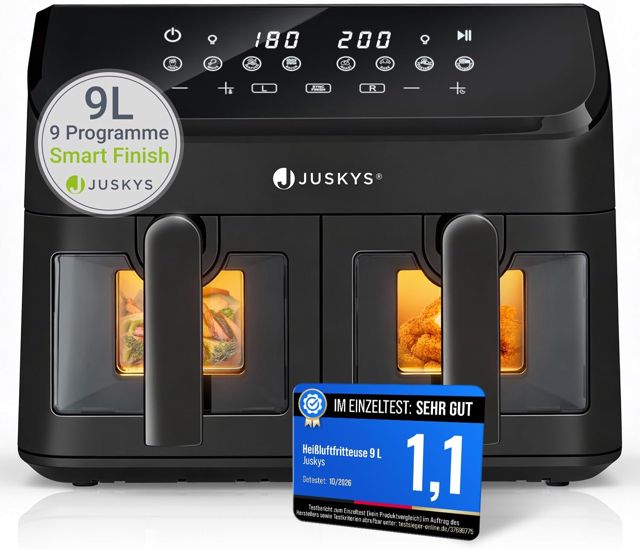 Juskys Airfryer 9 L Heißluftfritteuse mit 2 Kammern, 9 Programme