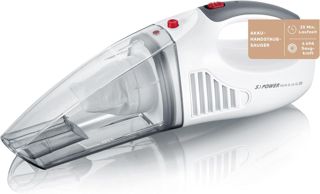 SEVERIN 3-in-1 Akku Handstaubsauger S'POWER home & car, kabelloser Nass- & Trockensauger mit 7,4V Li-Ionen Akku, Autostaubsauger inkl. 12V-Ladekabel, weiß/rot, HV 7144