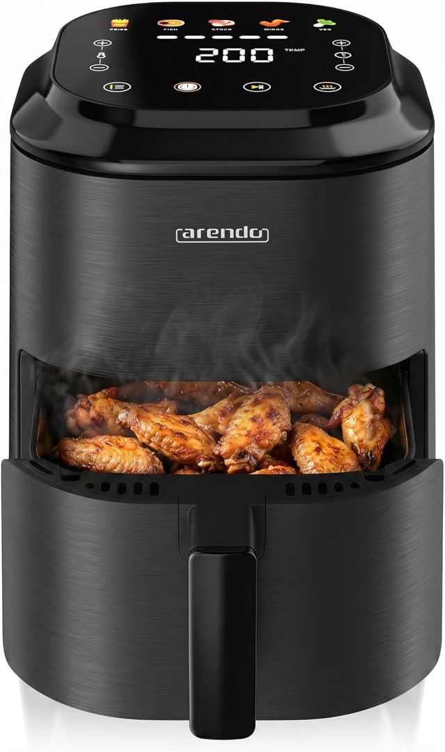 Arendo – Heißluftfritteuse klein - 2,5 Liter - Airfryer – 60 bis 200 ° C – Timer – Warmhaltefunktion – individuelle Temperatureinstellung – 5 Automatikprogramme – für kompakte Küchen