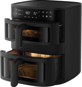 AEG Doppelkorb‑Heißluftfritteuse 11 L, 2 Fächer für Paralleles Frittieren Backen Grillen Dörren, Sichtfenster & Innenbeleuchtung, 8 Automatikprogramme, Spülmaschinenfest, Touch‑LED‑Display, AAFD11B