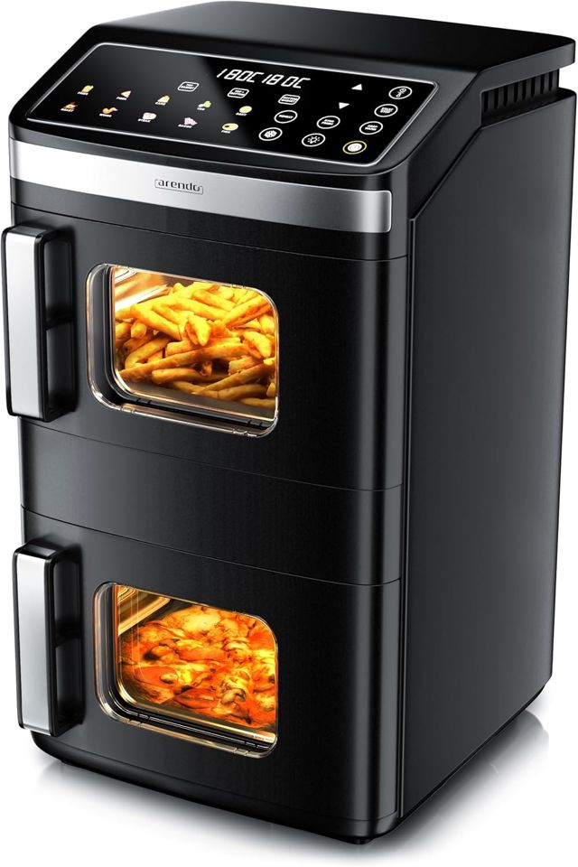 Arendo - Heißluftfritteuse 2 Kammern - XXL Dual Zone – 17 Liter – 2800 W – 2 Zonen – Touch Bedienfeld – mit Sichtfenster – Synch- und Match-Funktion – Doppelstöckig – 3D Umluftsystem