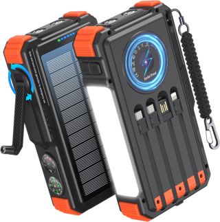Wireless Solar Powerbank 20000mAh mit Handkurbel und 4 Kabel (orange)