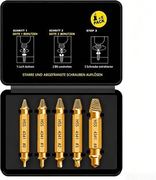 HSS-4341 Schraubenausdreher-Set, 5-teilig für Schrauben M3–M18, Werkzeug zum Entfernen beschädigter Schrauben, stahl mit Gold-Titan-Beschichtung inkl. Aufbewahrungskoffer (goldfarben)