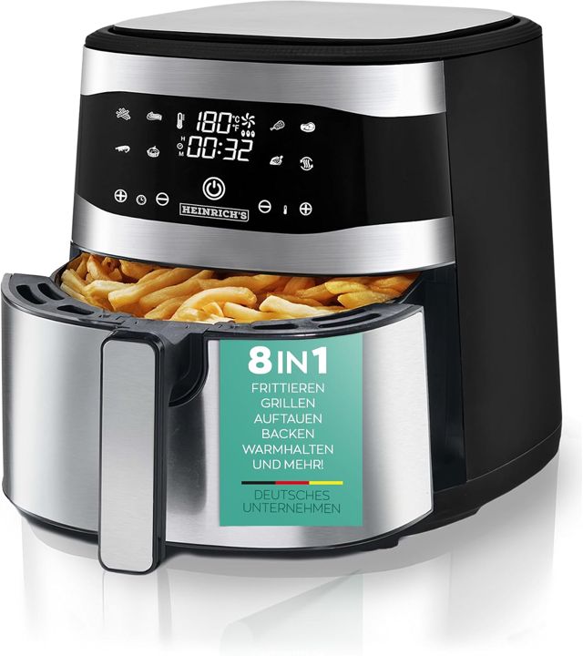 HEINRICHS Heißluftfritteuse, 9 Liter XXL Air Fryer, 10in1 Heißluftfritteuse, LED-Display mit Sensor-Touch Bedienung, fettfreie Zubereitung, inkl. Timer, platzsparend, spülmaschinenfester Korb, 1800W
