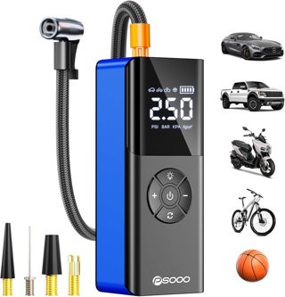 PSOOO Tragbare kabellose elektrische Luftpumpe, 150PSI Digitalmanometer, LED-Licht, automatische Abschaltung, mit allen Ventiladaptern für Auto, Motorrad, E-Bike, Fahrrad und Bälle