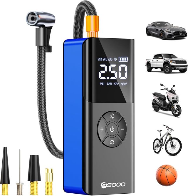 PSOOO Tragbare kabellose elektrische Luftpumpe, 150PSI Digitalmanometer, LED-Licht, automatische Abschaltung, mit allen Ventiladaptern für Auto, Motorrad, E-Bike, Fahrrad und Bälle