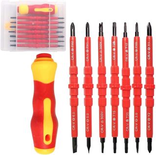 Schraubendreher Set, 7 Teilig Isolierter Profi Schraubendrehergriff Set, 14 in 1 Multifunktionales Austauschbarer Isolierter Zwei Wege, Schraubendreher mit Weichem Griff für Reparatur Von Elektrikern