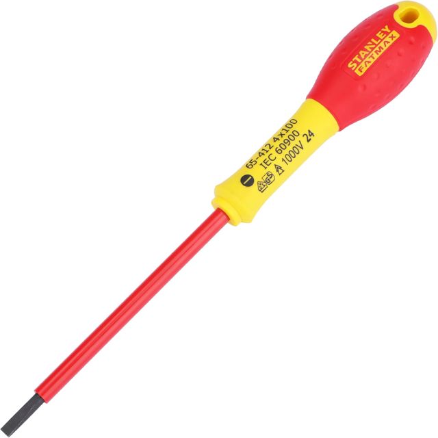 Stanley FatMax Schraubendreher Schlitz (isoliert, Parallelspitze 4 mm, 100 mm Länge, Chrom-Vanadium, Soft-Grip) 0-65-412