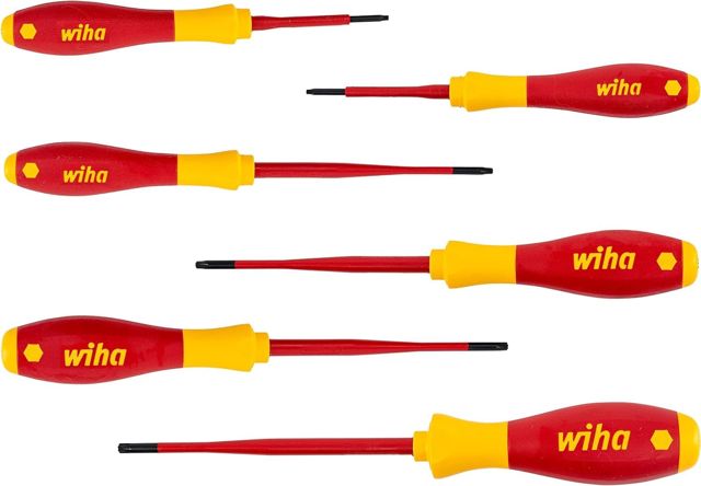 Wiha Schraubendreher Set SoftFinish® electric slimFix (38362), 6 tlg., Schraubenzieher Satz VDE für Elektriker, für tiefliegende Schrauben, Schlitz/ Phillips/ Pozidriv PlusMinus (SL/PZ)
