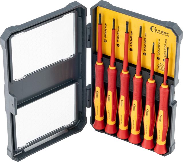 Condor Werkzeug 11826 | Isoliertes Präzisions-Schraubenzieher-Set | 6-tlg. | Schlitz + Kreuz | VDE geprüft für Elektroarbeiten | bis 1.000V AC