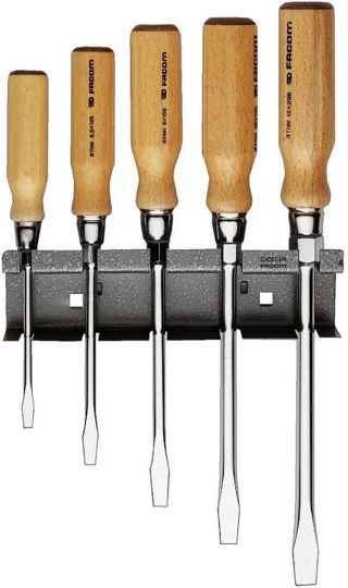 FACOM Schraubendreher Holzgriff, 6 Kant, Schlitz 5,5x100-10x200 mm, 5-teilig, Wandhalter, 1 Stück, ATHH.JS5