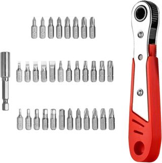 34-teiliges Mini Ratcheting Schraubendreher Bit Set - 36-Zahn Low Profile Offset Ratchet Schlüssel mit Magnetbitten, Ideales Reparaturwerkzeug-Kit für enge Räume.