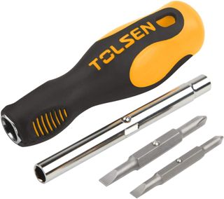 Tolsen 6 in 1 Schraubendreher-Set, 6,35 x 65 mm, PH1 + SL5, 8.00 x 75 mm, PH2 + SL6, 2-Wege Sechskant-Bithalter: 6 mm + 8 mm, Chrom-Vanadium-Stahl, Phillips