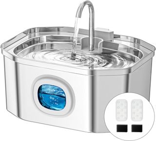 Apauk Katzenbrunnen, Trinkbrunnen für Katze, Trinkbrunnen Edelstahl, Ultraleiser Trinkbrunnen für Katze und kleine Hunde,mit LED-Fenster, S -3.2L Große Kapazität (A-2 Filter & 2 Schwämme)